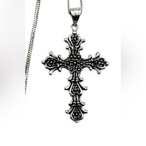 Vintage Mexico Large Sterling Silver Floral Cross Pendant Necklace